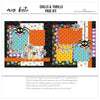Chills & Thrills 12x12 scrapbook page kit cover featuring white bubble pattern, orange polka dots, aqua polka dots, yellow polka dots, purple gingham, and black spiderweb pattern. A coordinated premade layout for spider Halloween memories and favorite photos.