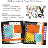 Chills & Thrills scrapbook page kit includes two coordinated 12x12 printed base sheets with matching die cuts and embellishments. Designed for spider Halloween memories and favorite photos.