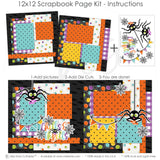 Chills & Thrills 12x12 scrapbook page kit instruction image showing the completed two-page layout and placement of coordinating papers, die cuts, and photo areas. Designed for spider Halloween memories and favorite photos.