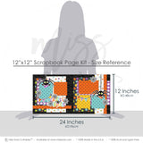 Chills & Thrills 12x12 scrapbook page kit size reference image showing the scale of the coordinated two-page layout, printed papers, and embellishments for spider Halloween memories and favorite photos.
