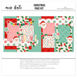 Christmas 12x12 scrapbook page kit cover featuring green holly pattern, white snowflake pattern, pink polka dots, multicolor confetti dots, aqua snowflake photo mat, and pink photo mats. A coordinated premade layout for family Christmas memories and favorite photos.