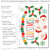 Christmas scrapbook die cuts and ephemera sheet featuring pink polka dots, multicolor confetti dots, aqua snowflake photo mat, pink photo mats, Santa face die cuts, and holly leaf die cuts. Coordinating paper embellishments for family Christmas memories and favorite photos.