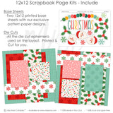 Christmas scrapbook page kit includes two coordinated 12x12 printed base sheets with matching die cuts and embellishments. Designed for family Christmas memories and favorite photos.