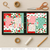 Christmas scrapbook page kit shown in a memory album binder mockup with the finished two-page layout. A coordinated way to preserve family Christmas memories and favorite photos.