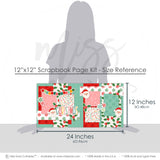 Christmas 12x12 scrapbook page kit size reference image showing the scale of the coordinated two-page layout, printed papers, and embellishments for family Christmas memories and favorite photos.