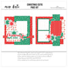 Christmas Cutie 12x12 scrapbook page kit cover featuring red vertical stripes, cream dotted background, small Santa face pattern, soft pink snowflake pattern, red, and green holiday palette. A coordinated premade layout for Christmas memories and favorite photos.