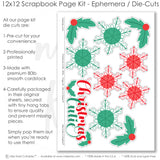 Christmas Cutie scrapbook die cuts and ephemera sheet featuring small Santa face pattern, soft pink snowflake pattern, red, green holiday palette, white photo mat areas, and layered rectangular paper blocks. Coordinating paper embellishments for Christmas memories and favorite photos.