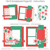 Christmas Cutie 12x12 scrapbook page kit instruction image showing the completed two-page layout and placement of coordinating papers, die cuts, and photo areas. Designed for Christmas memories and favorite photos.