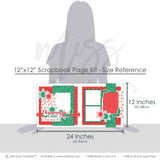 Christmas Cutie 12x12 scrapbook page kit size reference image showing the scale of the coordinated two-page layout, printed papers, and embellishments for Christmas memories and favorite photos.