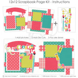 Finished Create photo layout showing colorful paint tubes, button embellishments, thread and needle design, create title phrase, paint splash background, layered craft photo mats, bright handmade theme, two page creative layout. Designed for Painting Scrapbook Paper Kit, Craft Room Memory Pages, coral teal green and yellow palette, polka dot patterned papers, pink plaid paper strips, paint brush die cut.