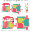 Finished Create photo layout showing colorful paint tubes, button embellishments, thread and needle design, create title phrase, paint splash background, layered craft photo mats, bright handmade theme, two page creative layout. Designed for Painting Scrapbook Paper Kit, Craft Room Memory Pages, coral teal green and yellow palette, polka dot patterned papers, pink plaid paper strips, paint brush die cut.