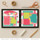 Create scrapbook page kit artwork with button embellishments, thread and needle design, create title phrase, paint splash background, layered craft photo mats, bright handmade theme, two page creative layout, coral teal green and yellow palette. Designed for Craft Room Memory Pages, Artist Scrapbook Layout, polka dot patterned papers, pink plaid paper strips, paint brush die cut, colorful paint tubes.