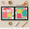 Create scrapbook page kit artwork with button embellishments, thread and needle design, create title phrase, paint splash background, layered craft photo mats, bright handmade theme, two page creative layout, coral teal green and yellow palette. Designed for Craft Room Memory Pages, Artist Scrapbook Layout, polka dot patterned papers, pink plaid paper strips, paint brush die cut, colorful paint tubes.