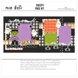 Creepy 12x12 scrapbook page kit shown with black and white gingham, purple polka dots, orange plaid paper, green cardstock, multicolor polka dots, tiny spider pattern, frankenstein monster, white ghosts. Designed for Halloween Scrapbook Page Kit, Cute Halloween Scrapbook Kit, black spiders, spider webs, creepy title, orange purple green palette, white outlined die cuts, layered halloween papers, black textured background.