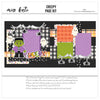 Creepy 12x12 scrapbook page kit shown with black and white gingham, purple polka dots, orange plaid paper, green cardstock, multicolor polka dots, tiny spider pattern, frankenstein monster, white ghosts. Designed for Halloween Scrapbook Page Kit, Cute Halloween Scrapbook Kit, black spiders, spider webs, creepy title, orange purple green palette, white outlined die cuts, layered halloween papers, black textured background.