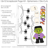 Coordinated Creepy memory-keeping layout with purple polka dots, orange plaid paper, green cardstock, multicolor polka dots, tiny spider pattern, frankenstein monster, white ghosts, black spiders. Designed for Cute Halloween Scrapbook Kit, Spooky Scrapbook Page Layout, spider webs, creepy title, orange purple green palette, white outlined die cuts, layered halloween papers, black textured background, black and white gingham.