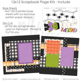 Detailed Creepy scrapbook design featuring orange plaid paper, green cardstock, multicolor polka dots, tiny spider pattern, frankenstein monster, white ghosts, black spiders, spider webs. Designed for Spooky Scrapbook Page Layout, Frankenstein Scrapbook Pages, creepy title, orange purple green palette, white outlined die cuts, layered halloween papers, black textured background, black and white gingham, purple polka dots.