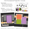 Detailed Creepy scrapbook design featuring orange plaid paper, green cardstock, multicolor polka dots, tiny spider pattern, frankenstein monster, white ghosts, black spiders, spider webs. Designed for Spooky Scrapbook Page Layout, Frankenstein Scrapbook Pages, creepy title, orange purple green palette, white outlined die cuts, layered halloween papers, black textured background, black and white gingham, purple polka dots.