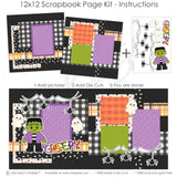Finished Creepy photo layout showing green cardstock, multicolor polka dots, tiny spider pattern, frankenstein monster, white ghosts, black spiders, spider webs, creepy title. Designed for Frankenstein Scrapbook Pages, Ghost Scrapbook Page Kit, orange purple green palette, white outlined die cuts, layered halloween papers, black textured background, black and white gingham, purple polka dots, orange plaid paper.