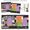Finished Creepy photo layout showing green cardstock, multicolor polka dots, tiny spider pattern, frankenstein monster, white ghosts, black spiders, spider webs, creepy title. Designed for Frankenstein Scrapbook Pages, Ghost Scrapbook Page Kit, orange purple green palette, white outlined die cuts, layered halloween papers, black textured background, black and white gingham, purple polka dots, orange plaid paper.