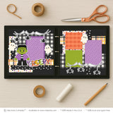 Creepy scrapbook page kit artwork with multicolor polka dots, tiny spider pattern, frankenstein monster, white ghosts, black spiders, spider webs, creepy title, orange purple green palette. Designed for Ghost Scrapbook Page Kit, Spider Halloween Scrapbook Kit, white outlined die cuts, layered halloween papers, black textured background, black and white gingham, purple polka dots, orange plaid paper, green cardstock.