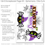 This Creepy Crawly kit features — handmade elements for DIY photo albums, coordinated background patterns and journaling spots, scrapbook craft kit, layered die cut titles for themed layouts, halloween crafts, scrapbook page kit, scrapbooking ephemera and cardstock cutouts, ready-to-glue title banners and photo frames, cute scrapbook, candy corn scrapbook, pastel paper embellishments and photo mats, halloween scrapbook, spider scrapbook, precut designs for memory journaling
