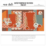 Cutest Pumpkin In The Patch 12x12 scrapbook page kit cover featuring rust orange polka dots, muted teal polka dots, teal, cream stripes, multicolor heart pattern, and orange pumpkins. A coordinated premade layout for pumpkin patch memories and favorite photos.