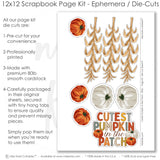 Cutest Pumpkin In The Patch scrapbook die cuts and ephemera sheet featuring teal, cream stripes, multicolor heart pattern, orange pumpkins, white pumpkins, and dried cornstalks. Coordinating paper embellishments for pumpkin patch memories and favorite photos.
