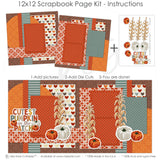 Cutest Pumpkin In The Patch 12x12 scrapbook page kit instruction image showing the completed two-page layout and placement of coordinating papers, die cuts, and photo areas. Designed for pumpkin patch memories and favorite photos.