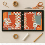 Cutest Pumpkin In The Patch scrapbook page kit shown in a memory album binder mockup with the finished two-page layout. A coordinated way to preserve pumpkin patch memories and favorite photos.