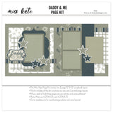Daddy & Me 12x12 scrapbook page kit cover featuring cream floral pattern, sage floral pattern, gray plaid pattern, charcoal stripe pattern, muted botanical print, and sage photo mats. A coordinated premade layout for father child memories and favorite photos.