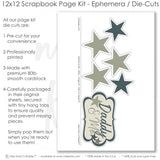 Daddy & Me scrapbook die cuts and ephemera sheet featuring gray plaid pattern, charcoal stripe pattern, muted botanical print, sage photo mats, charcoal scalloped frame, and olive green stars. Coordinating paper embellishments for father child memories and favorite photos.
