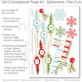 Deck The Halls scrapbook die cuts and ephemera sheet featuring multicolor polka dots, red berry branch pattern, red green aqua snowflakes, vintage Christmas ornaments, long hanging ornaments, and red berry sprigs. Coordinating paper embellishments for Christmas decorating memories and favorite photos.