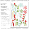 Deck The Halls scrapbook die cuts and ephemera sheet featuring multicolor polka dots, red berry branch pattern, red green aqua snowflakes, vintage Christmas ornaments, long hanging ornaments, and red berry sprigs. Coordinating paper embellishments for Christmas decorating memories and favorite photos.