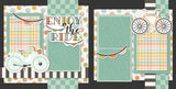 Two-page Enjoy The Ride 12x12 scrapbook layout featuring black background, mint checkerboard pattern, pastel plaid pattern, multicolor circle pattern, black, and cream stripes. Designed for bicycle memories and favorite photos.