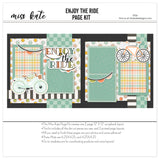 Enjoy The Ride 12x12 scrapbook page kit cover featuring pastel plaid pattern, multicolor circle pattern, black, cream stripes, mint polka dots, and mint bicycle. A coordinated premade layout for bicycle memories and favorite photos.