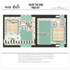 Enjoy The Ride 12x12 scrapbook page kit cover featuring pastel plaid pattern, multicolor circle pattern, black, cream stripes, mint polka dots, and mint bicycle. A coordinated premade layout for bicycle memories and favorite photos.