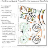 Enjoy The Ride scrapbook die cuts and ephemera sheet featuring black, cream stripes, mint polka dots, mint bicycle, peach bicycle, and bicycle baskets. Coordinating paper embellishments for bicycle memories and favorite photos.