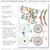 Enjoy The Ride scrapbook die cuts and ephemera sheet featuring black, cream stripes, mint polka dots, mint bicycle, peach bicycle, and bicycle baskets. Coordinating paper embellishments for bicycle memories and favorite photos.