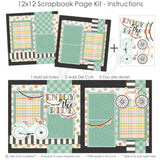 Enjoy The Ride 12x12 scrapbook page kit instruction image showing the completed two-page layout and placement of coordinating papers, die cuts, and photo areas. Designed for bicycle memories and favorite photos.