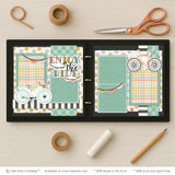 Enjoy The Ride scrapbook page kit shown in a memory album binder mockup with the finished two-page layout. A coordinated way to preserve bicycle memories and favorite photos.