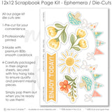 Enjoy Today scrapbook die cuts and ephemera sheet featuring multicolor plaid, small floral print, yellow star pattern, coral flowers, yellow flowers, and aqua flowers. Coordinating paper embellishments for spring memories and favorite photos.