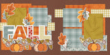 Two-page Fall scrapbook layout featuring warm brown background, orange damask pattern, orange plaid paper, mustard leaf pattern, blue gray plaid, mustard gingham, blue gray floral pattern, fall title letters. Designed for Autumn Family Memories, Fall Scrapbook Page Kit, patchwork pumpkins, orange autumn leaves, blue gray leaves, mustard leaves, decorative vine swirls, orange mustard blue gray palette, white outlined die cuts.