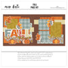 Fall 12x12 scrapbook page kit shown with orange damask pattern, orange plaid paper, mustard leaf pattern, blue gray plaid, mustard gingham, blue gray floral pattern, fall title letters, patchwork pumpkins. Designed for Fall Scrapbook Page Kit, Autumn Scrapbook Layout Kit, orange autumn leaves, blue gray leaves, mustard leaves, decorative vine swirls, orange mustard blue gray palette, white outlined die cuts, warm brown background.