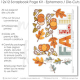 Coordinated Fall memory-keeping layout with orange plaid paper, mustard leaf pattern, blue gray plaid, mustard gingham, blue gray floral pattern, fall title letters, patchwork pumpkins, orange autumn leaves. Designed for Autumn Scrapbook Layout Kit, Fall Family Scrapbook Pages, blue gray leaves, mustard leaves, decorative vine swirls, orange mustard blue gray palette, white outlined die cuts, warm brown background, orange damask pattern.