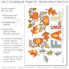 Coordinated Fall memory-keeping layout with orange plaid paper, mustard leaf pattern, blue gray plaid, mustard gingham, blue gray floral pattern, fall title letters, patchwork pumpkins, orange autumn leaves. Designed for Autumn Scrapbook Layout Kit, Fall Family Scrapbook Pages, blue gray leaves, mustard leaves, decorative vine swirls, orange mustard blue gray palette, white outlined die cuts, warm brown background, orange damask pattern.