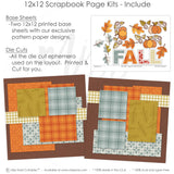 Detailed Fall scrapbook design featuring mustard leaf pattern, blue gray plaid, mustard gingham, blue gray floral pattern, fall title letters, patchwork pumpkins, orange autumn leaves, blue gray leaves. Designed for Fall Family Scrapbook Pages, Pumpkin Scrapbook Page Kit, mustard leaves, decorative vine swirls, orange mustard blue gray palette, white outlined die cuts, warm brown background, orange damask pattern, orange plaid paper.