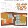 Detailed Fall scrapbook design featuring mustard leaf pattern, blue gray plaid, mustard gingham, blue gray floral pattern, fall title letters, patchwork pumpkins, orange autumn leaves, blue gray leaves. Designed for Fall Family Scrapbook Pages, Pumpkin Scrapbook Page Kit, mustard leaves, decorative vine swirls, orange mustard blue gray palette, white outlined die cuts, warm brown background, orange damask pattern, orange plaid paper.