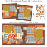 Finished Fall photo layout showing blue gray plaid, mustard gingham, blue gray floral pattern, fall title letters, patchwork pumpkins, orange autumn leaves, blue gray leaves, mustard leaves. Designed for Pumpkin Scrapbook Page Kit, Autumn Leaves Scrapbook Layout, decorative vine swirls, orange mustard blue gray palette, white outlined die cuts, warm brown background, orange damask pattern, orange plaid paper, mustard leaf pattern.