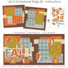 Finished Fall photo layout showing blue gray plaid, mustard gingham, blue gray floral pattern, fall title letters, patchwork pumpkins, orange autumn leaves, blue gray leaves, mustard leaves. Designed for Pumpkin Scrapbook Page Kit, Autumn Leaves Scrapbook Layout, decorative vine swirls, orange mustard blue gray palette, white outlined die cuts, warm brown background, orange damask pattern, orange plaid paper, mustard leaf pattern.